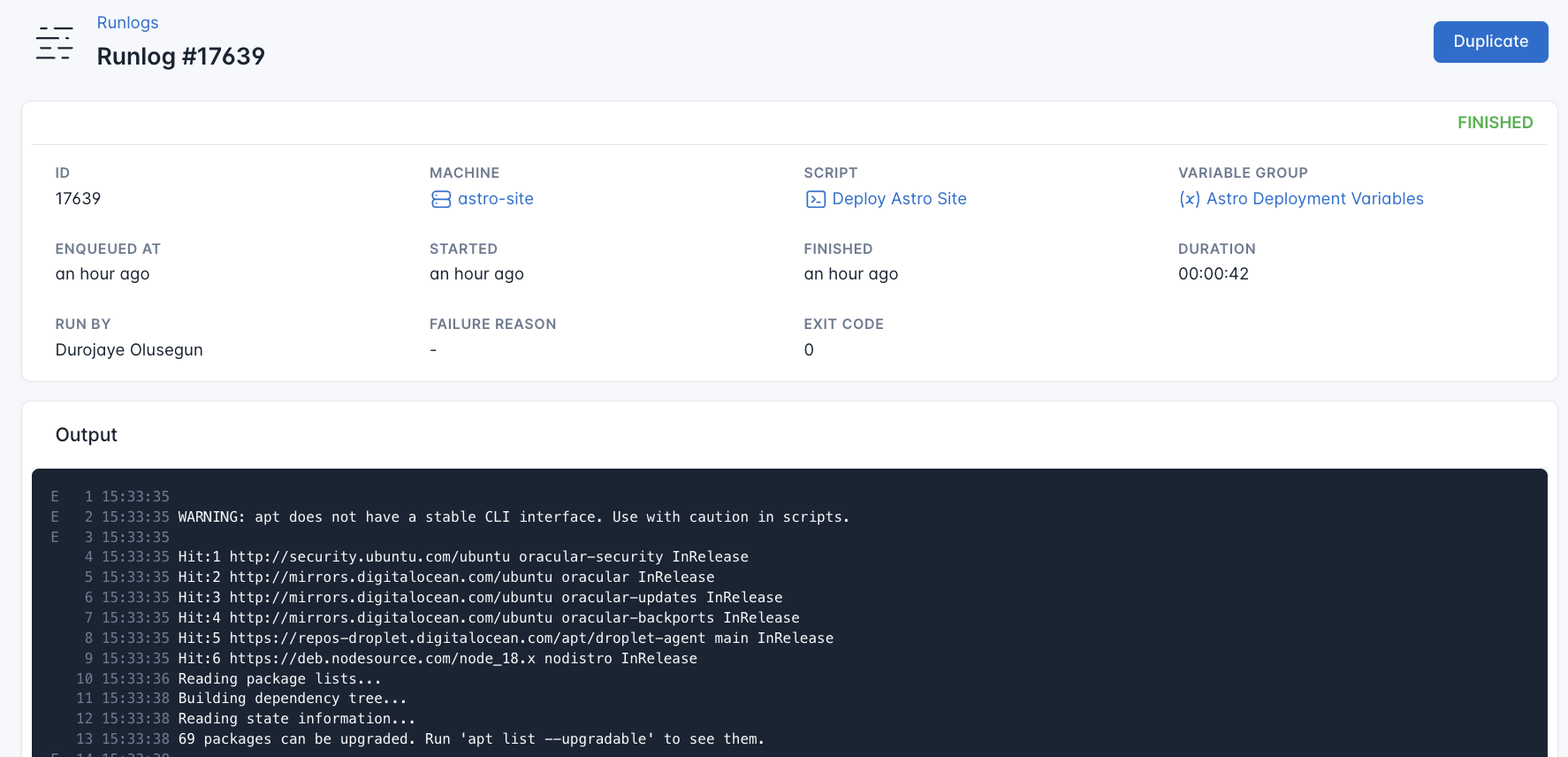 Screenshot of the output of the setup Nextjs script