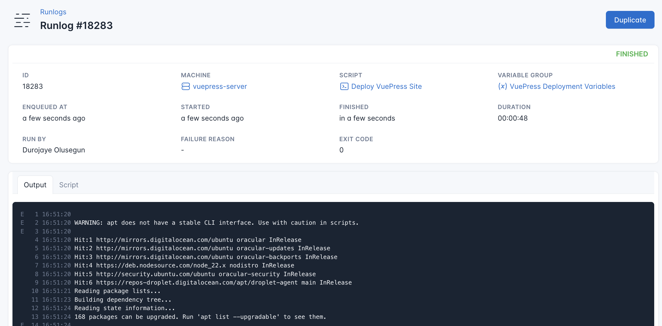 Screenshot of the output of Deploy VuePress script