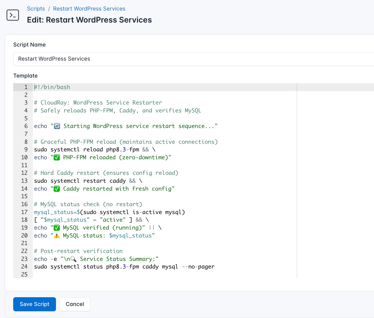 Screenshot of restart script