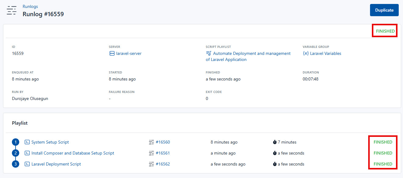 Screenshot of the result of all the script from the script playlist