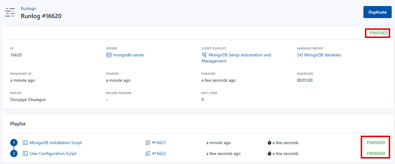 Screenshot of the result of all the script from the script playlist