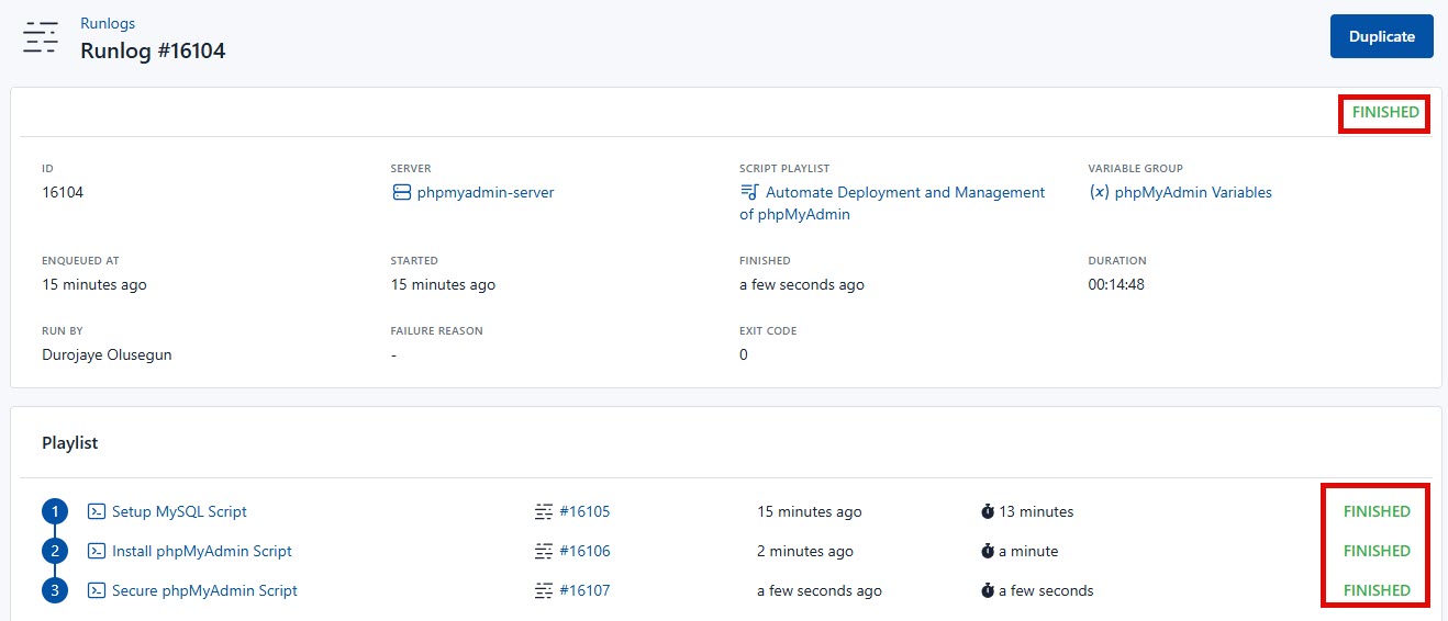 Screenshot of the result of all the script from the script playlist