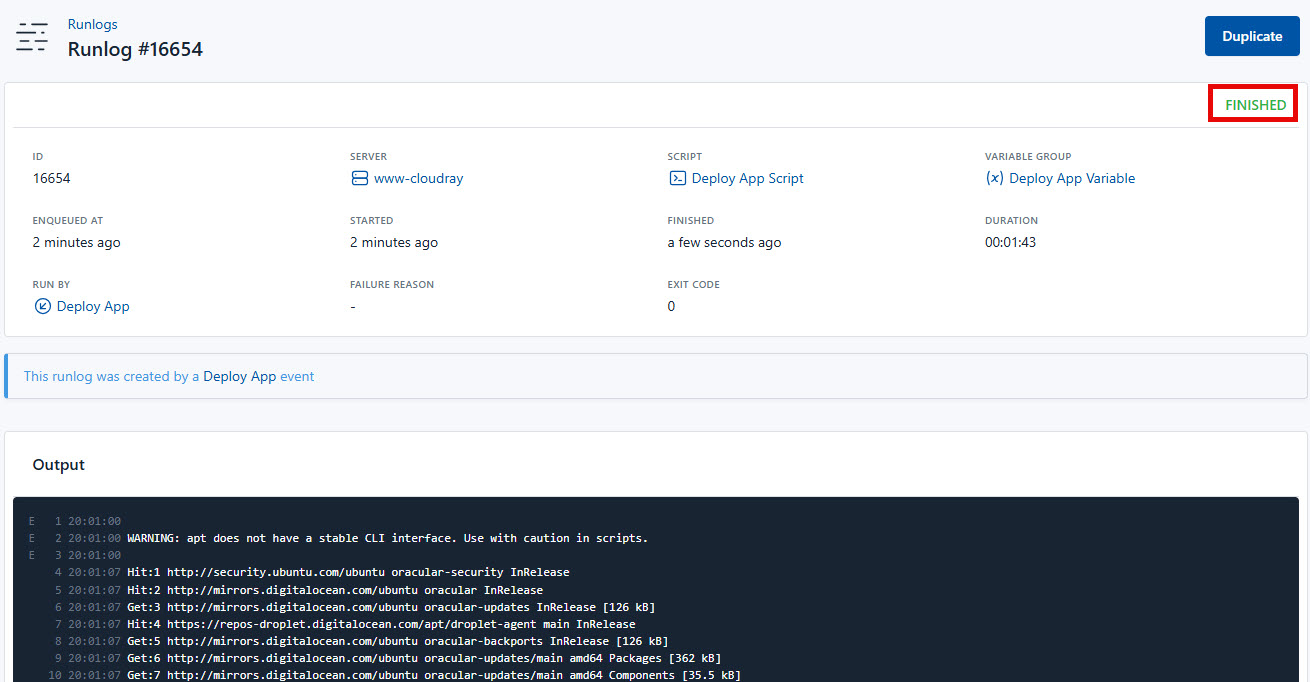 Screenshot of successful Runlog