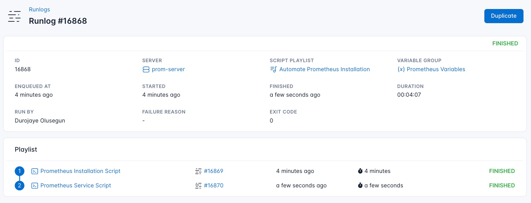 Screenshot of the result of all the script from the script playlist