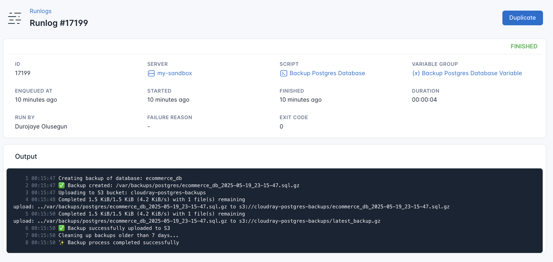 Screenshot of the output of the backup script