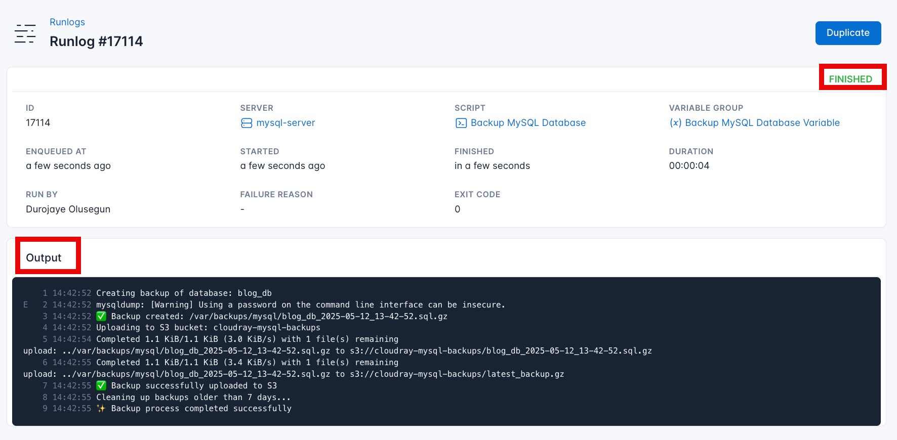 Screenshot of the output of the install k3s script