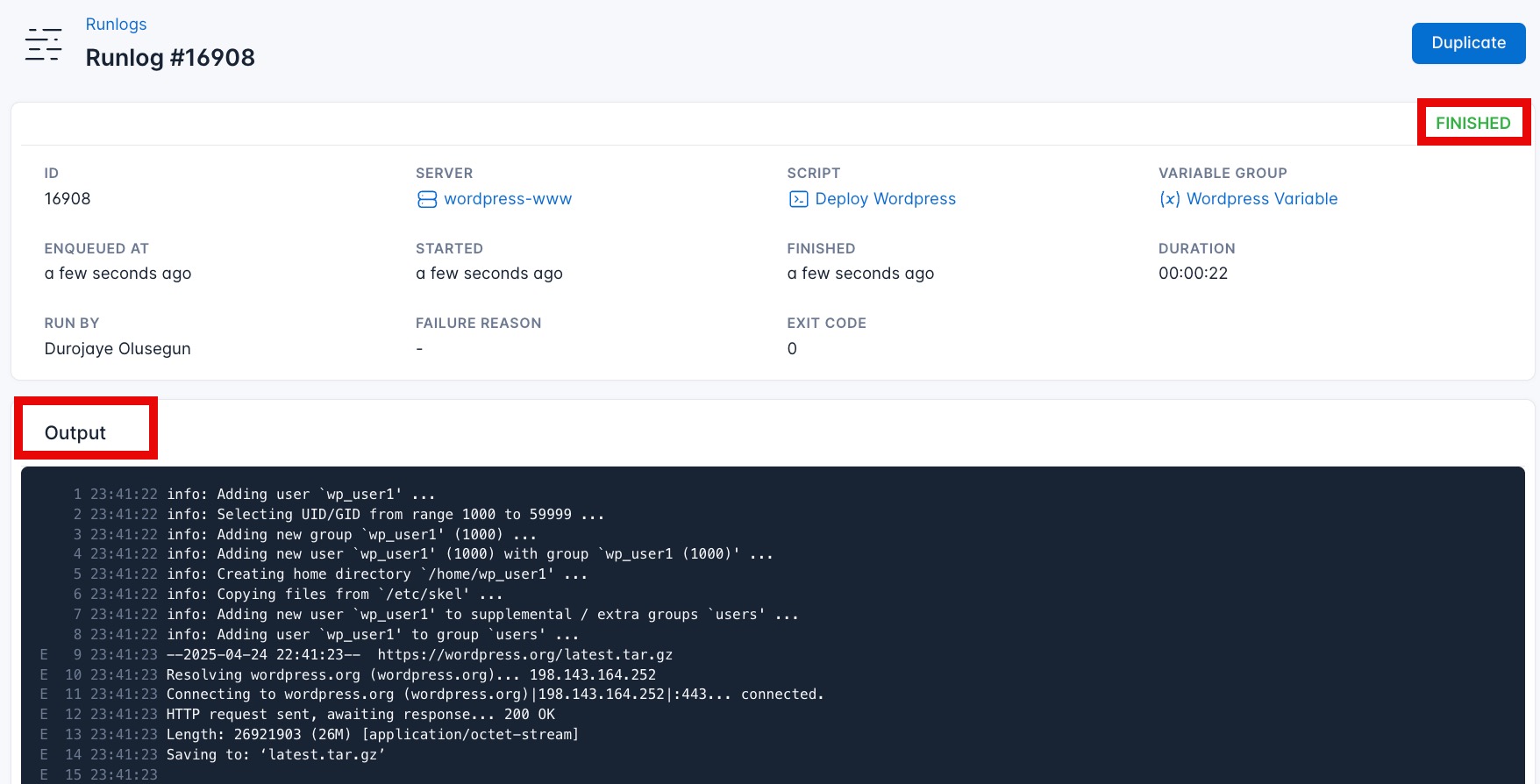 Screenshot of the result of all the script from the script playlist