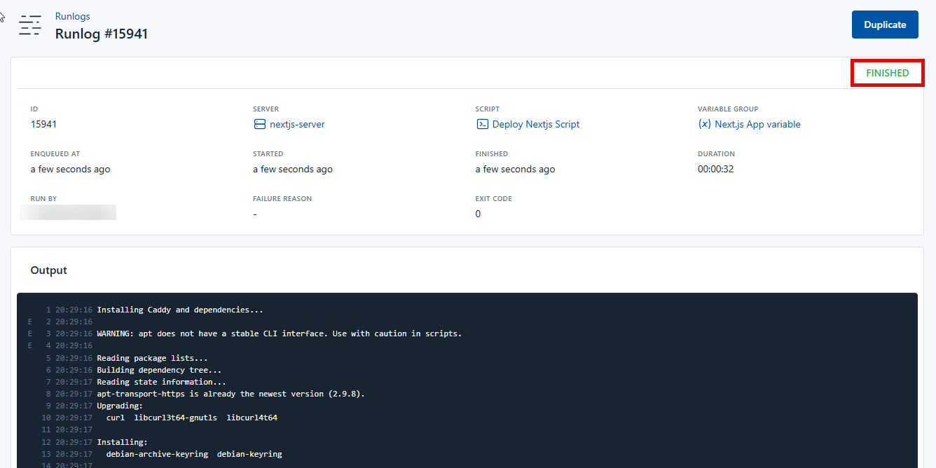 Screenshot of the output of the Deployment script