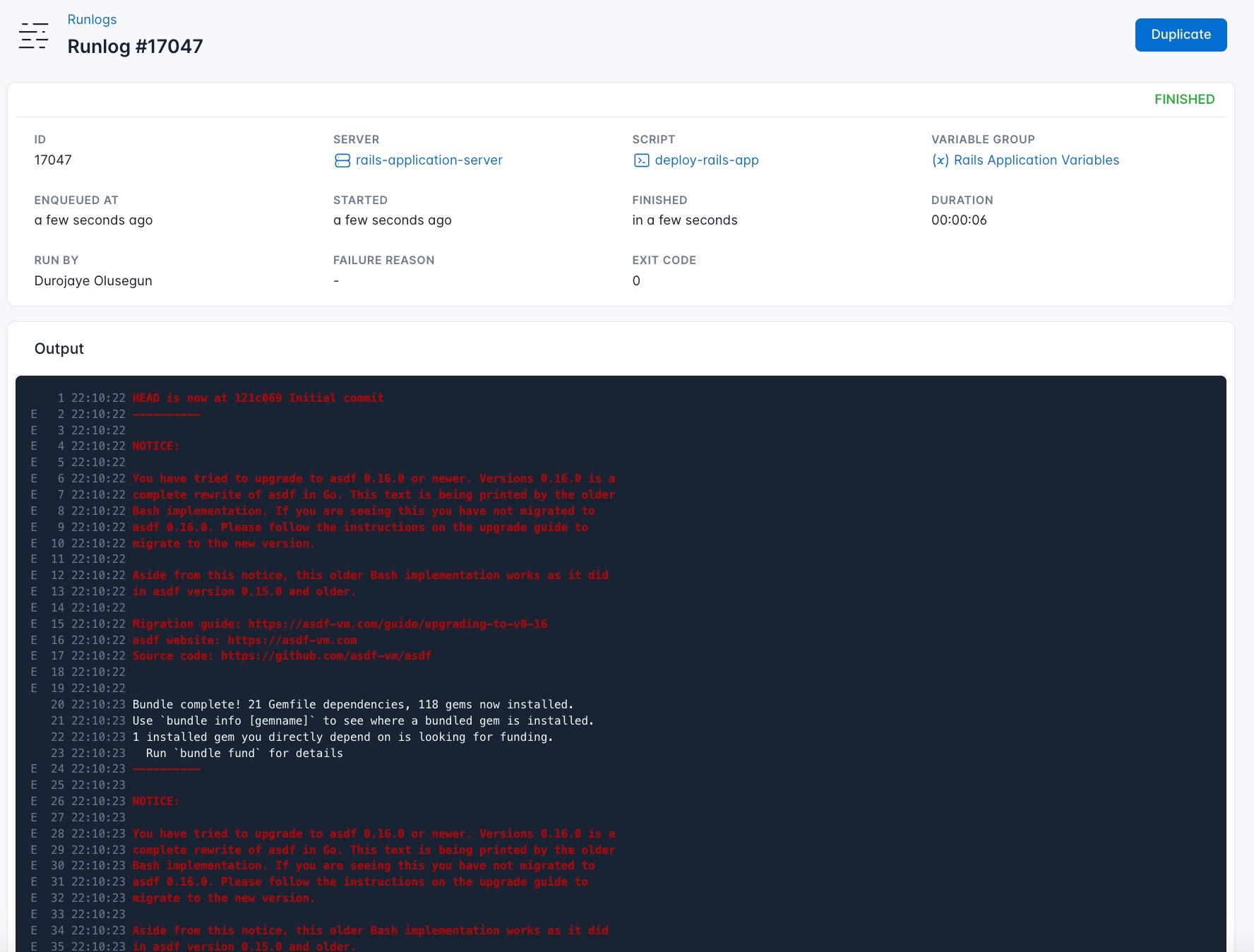 Screenshot of the output of the Deployment script