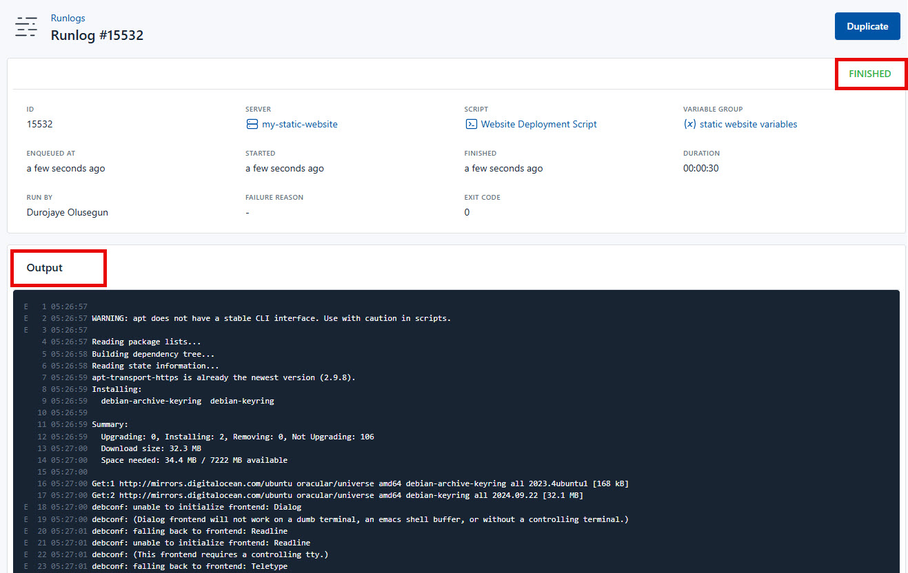 Screenshot of the output of the Deployment script