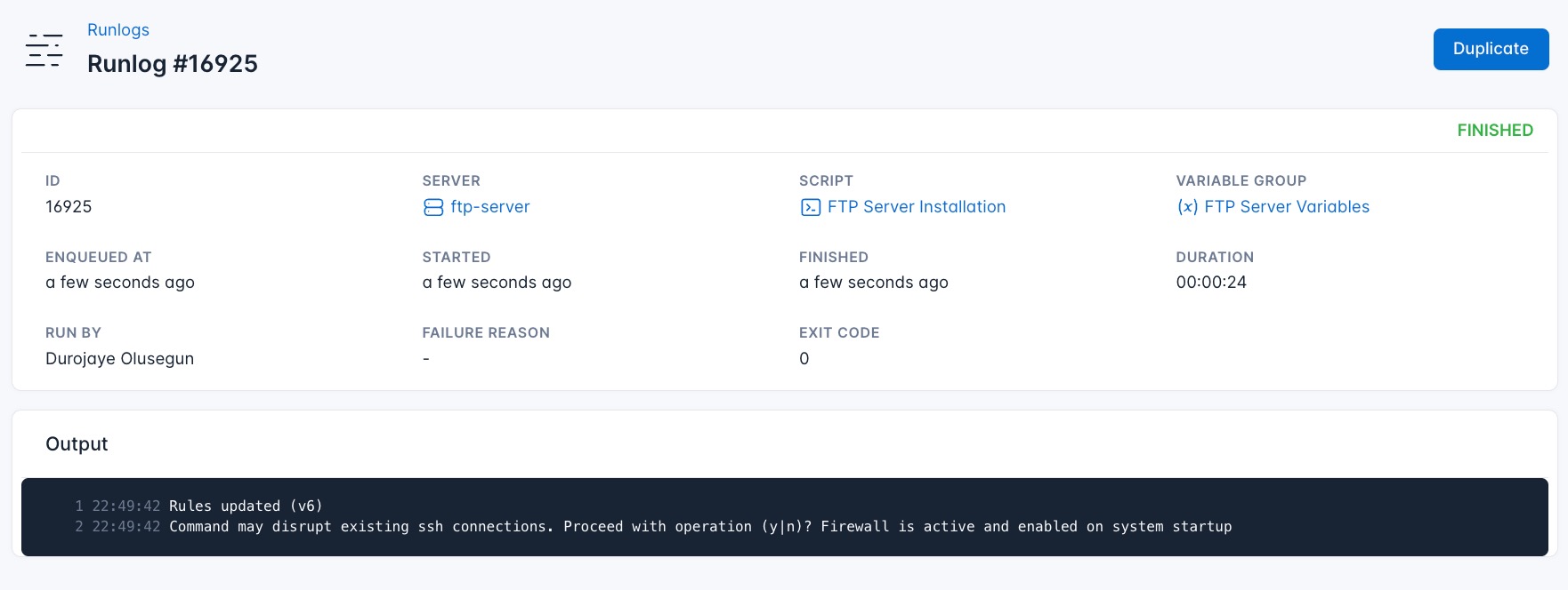 CloudRay script execution log for WordPress server preparation