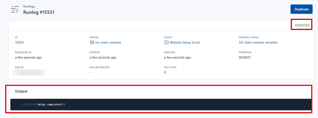 Screenshot of the output of the set-up-script