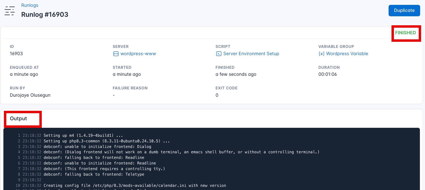 CloudRay script execution log for WordPress server preparation