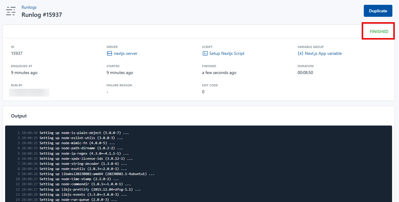 Screenshot of the output of the setup Nextjs script