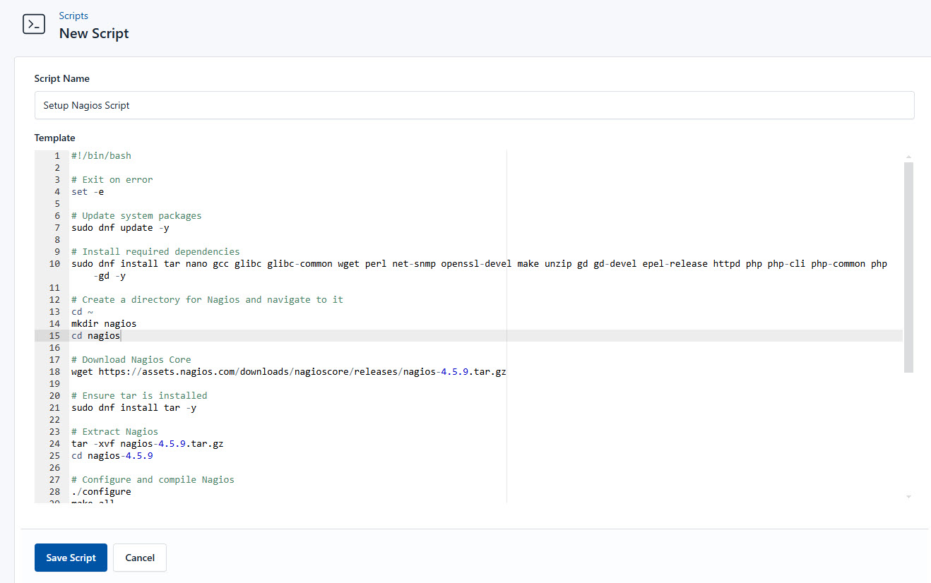 Screenshot of adding a new setup script
