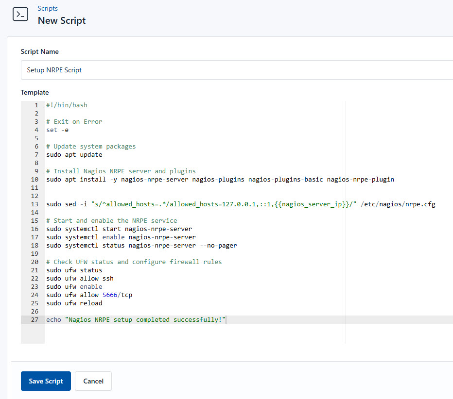 Screenshot of adding the setup script