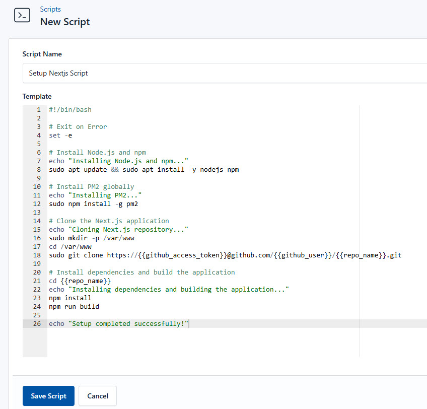 Screenshot of adding a new setup script for Next.js
