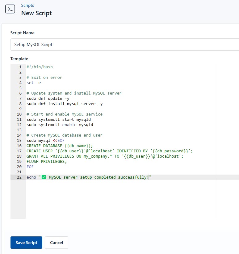 Screenshot of adding a new setup script