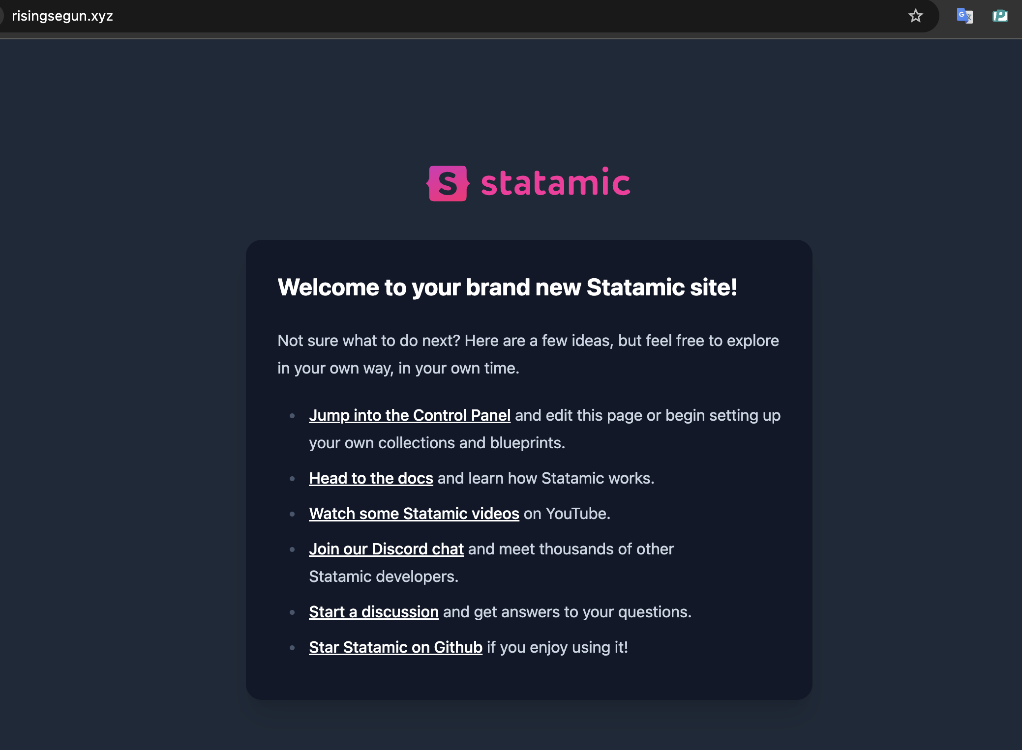 Screenshot showing Statamic running