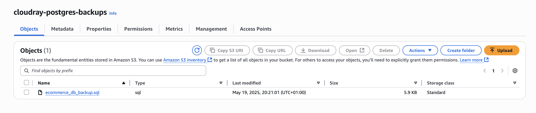screenshot showing successful backup to s3