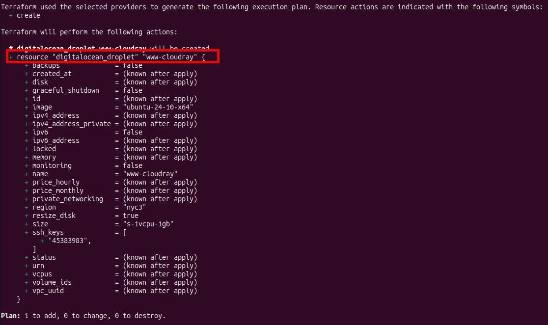 Screenshot of terraform plan output