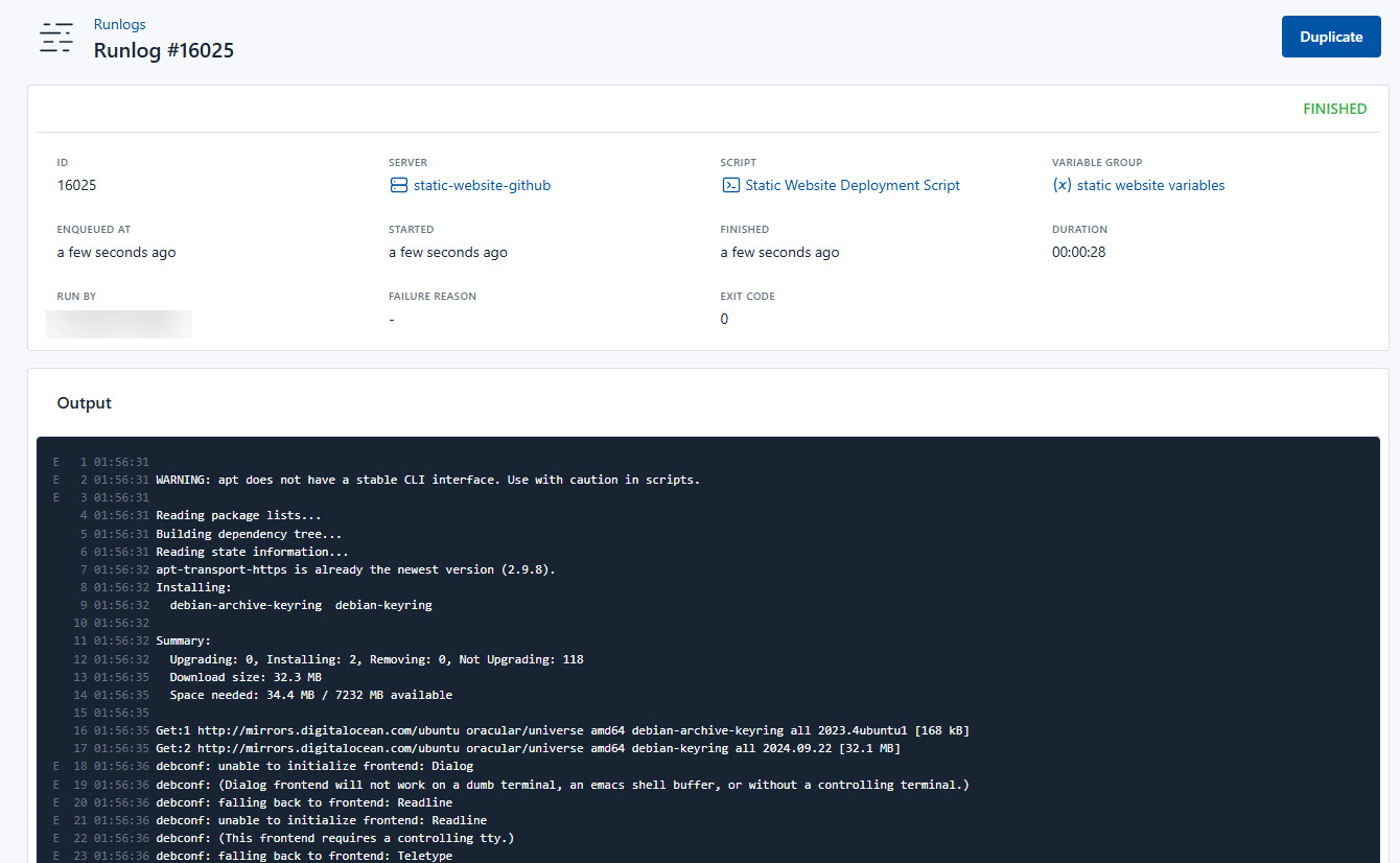 Screenshot of the output of the Github deployment script