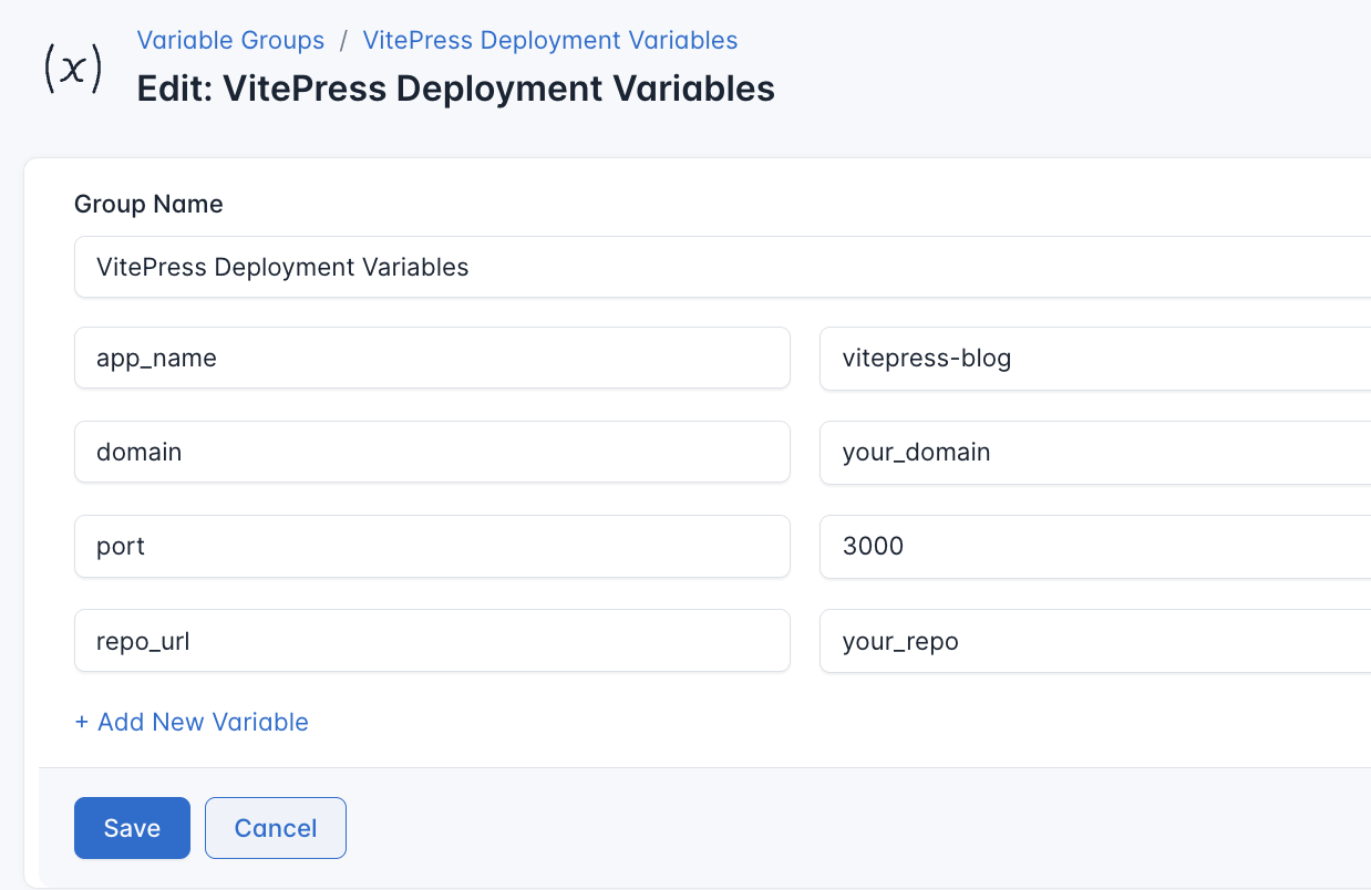 Screenshot of adding a new variable group