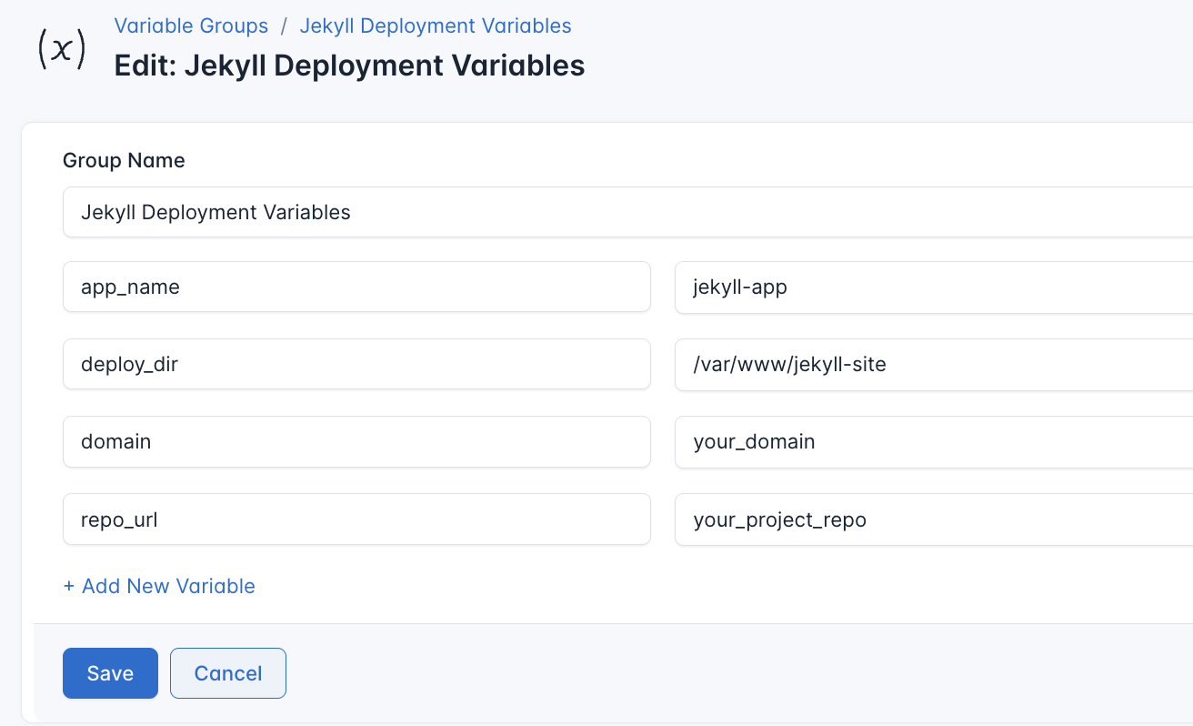 Screenshot of adding a new variable group