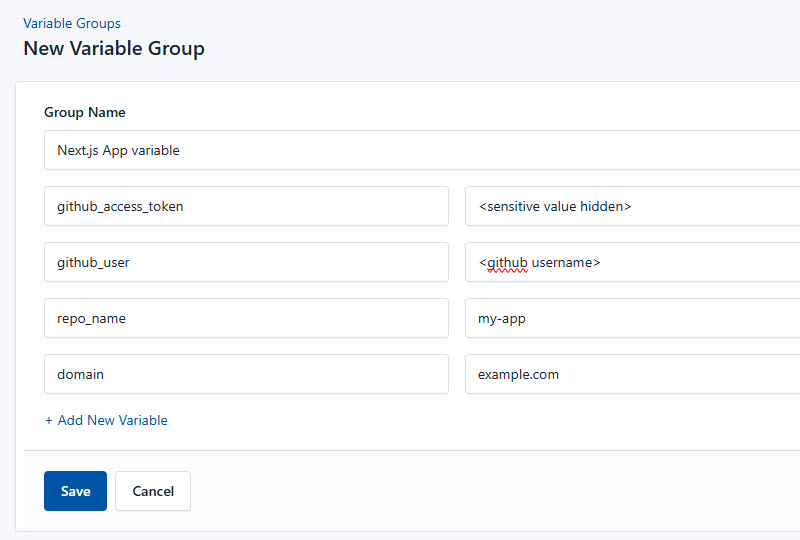 Screenshot of adding a new variable group