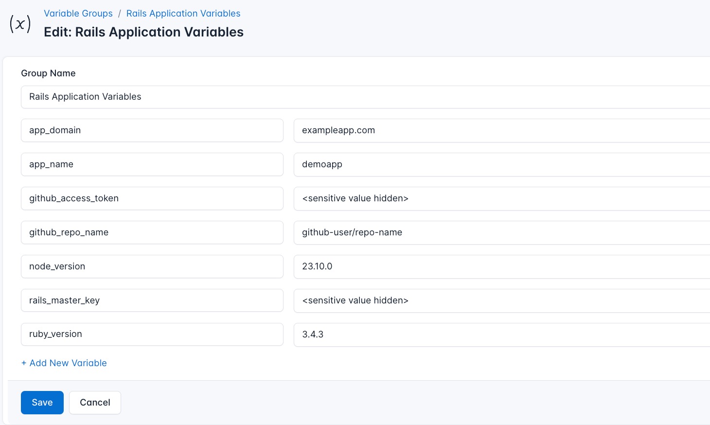Screenshot of adding a new variable group