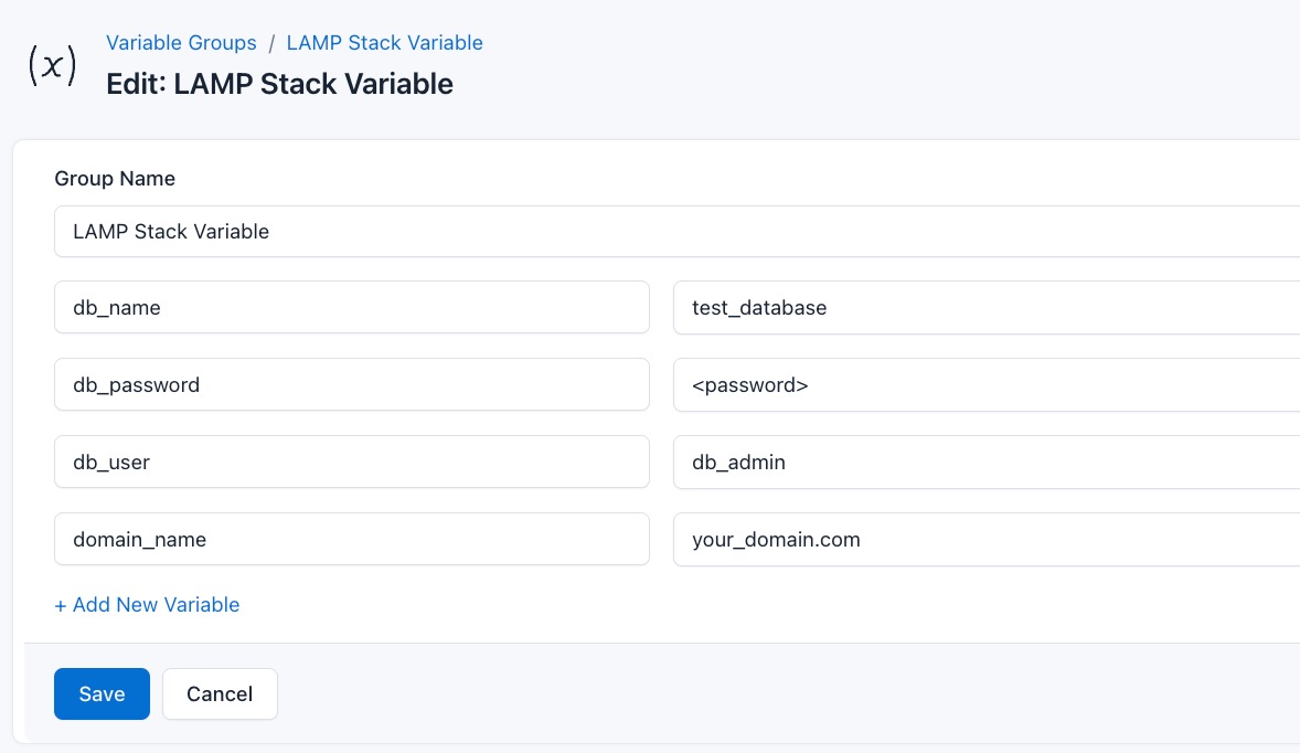 Screenshot of adding a new variable group