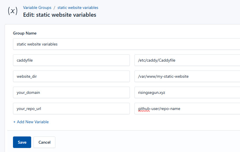 Screenshot of adding a new variable group