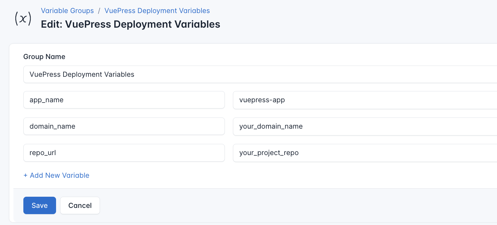 Screenshot of adding a new variable group