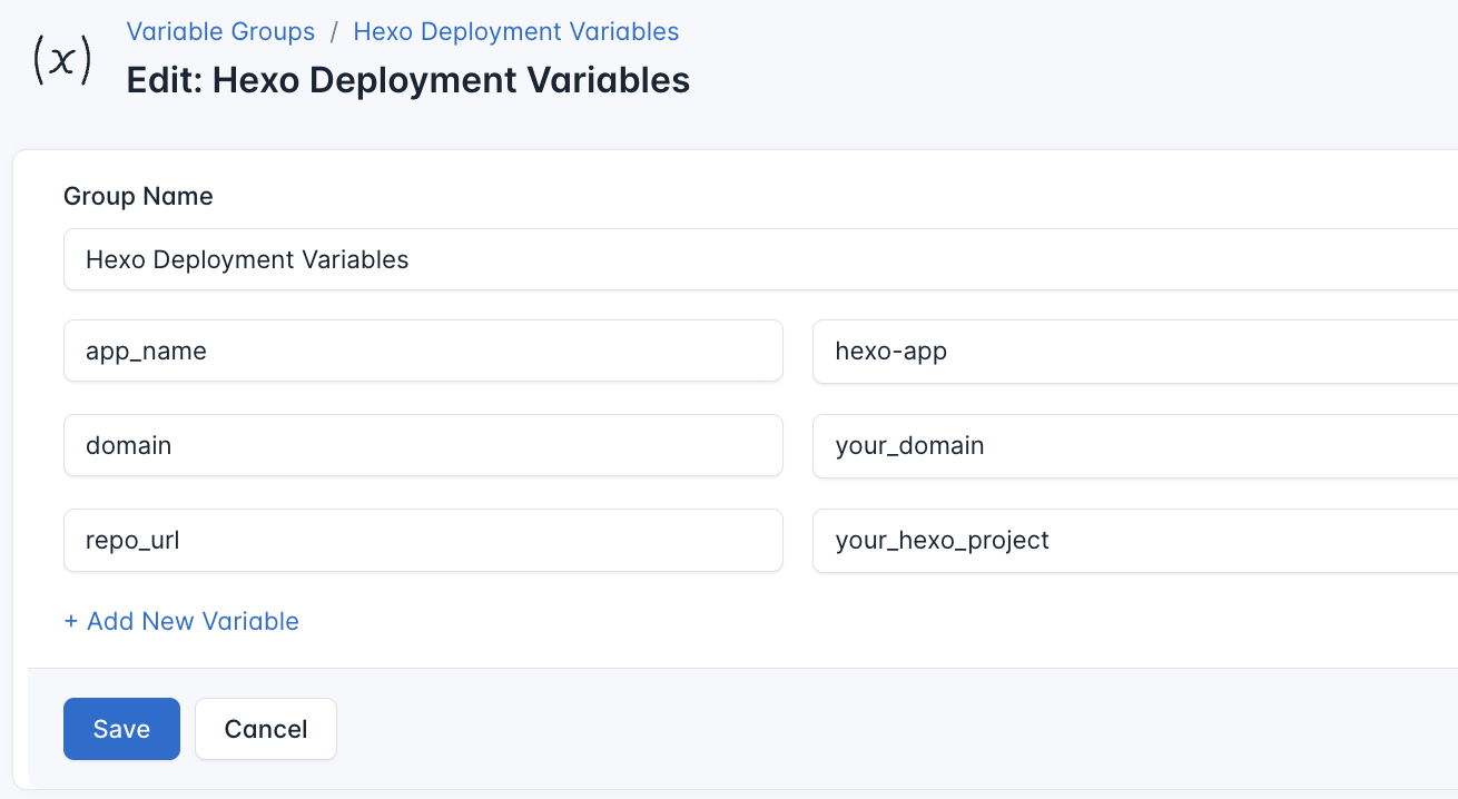 Screenshot of adding a new variable group