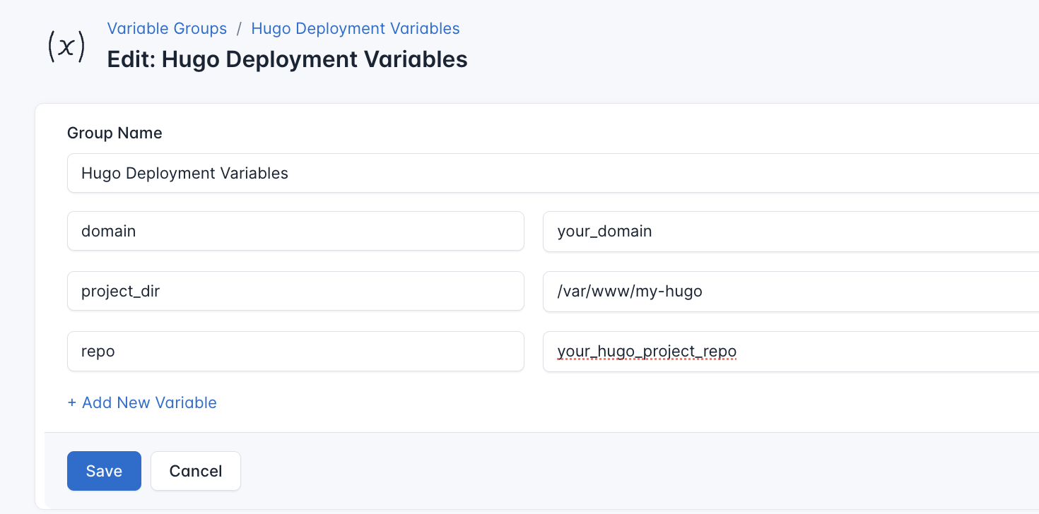 Screenshot of adding a new variable group