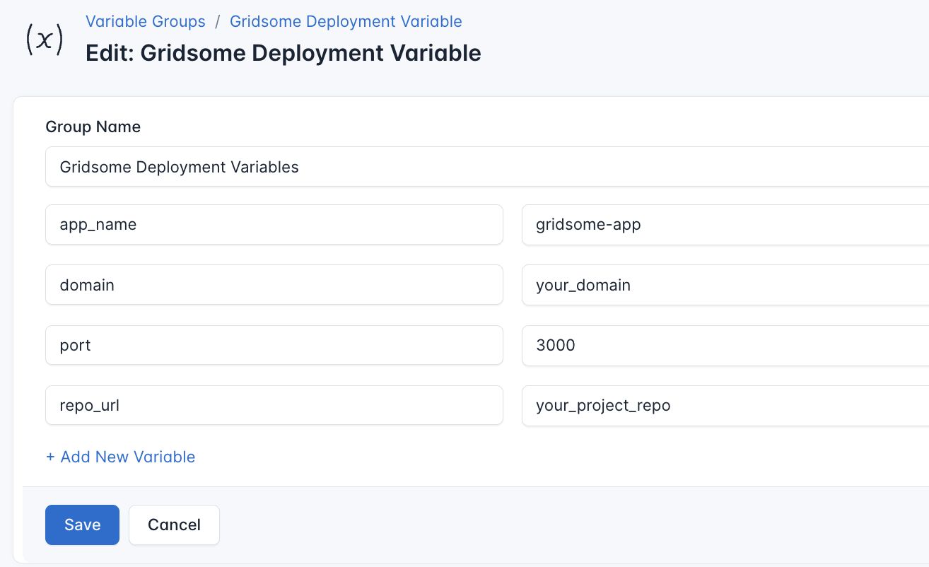 Screenshot of adding a new variable group