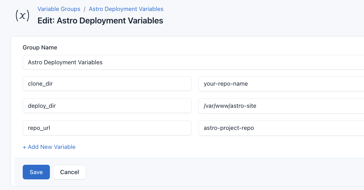 Screenshot of adding a new variable group