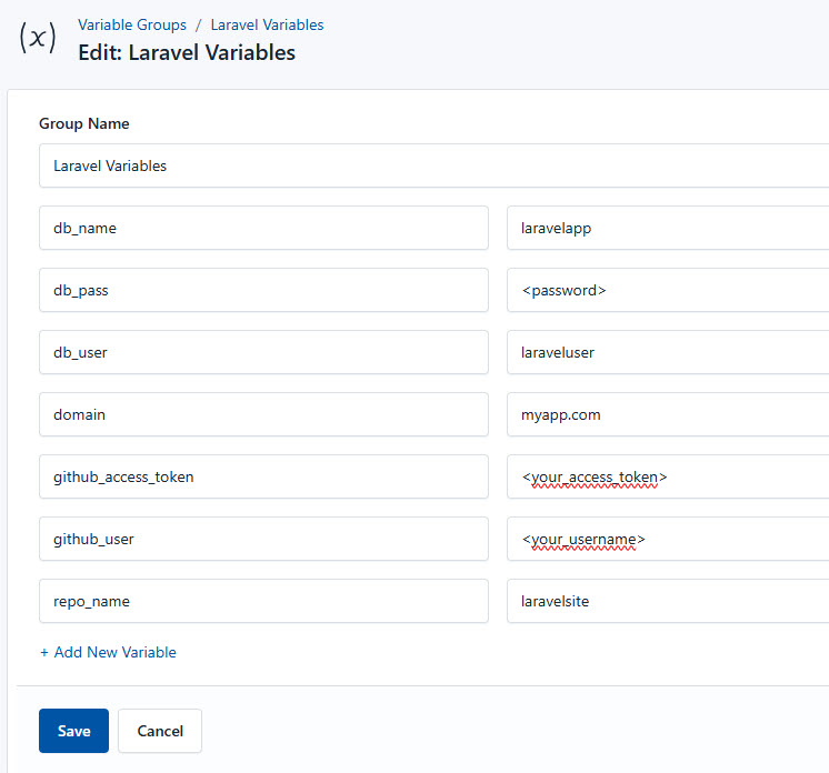 Screenshot of adding a new variable group