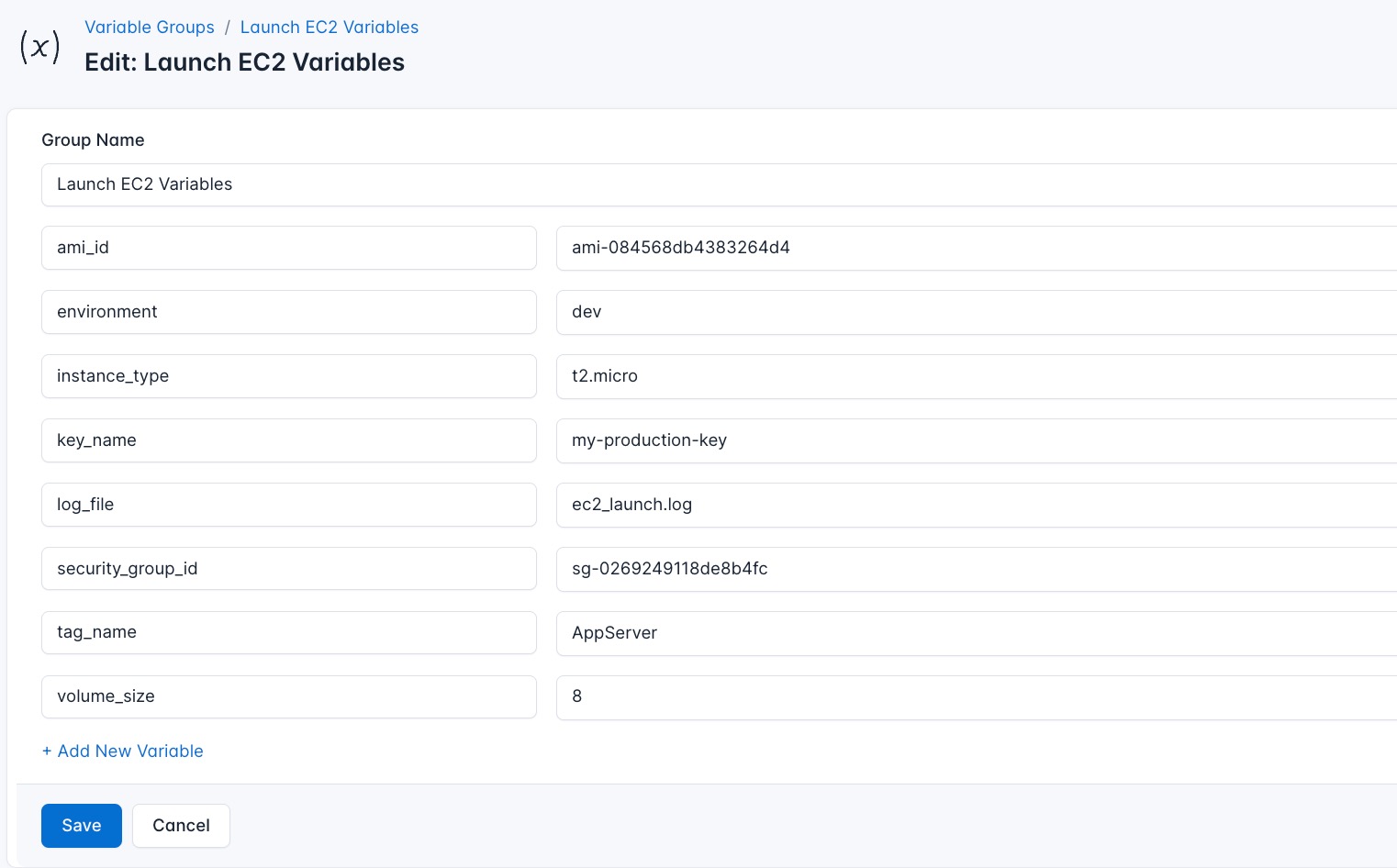 Screenshot of adding a new variable group