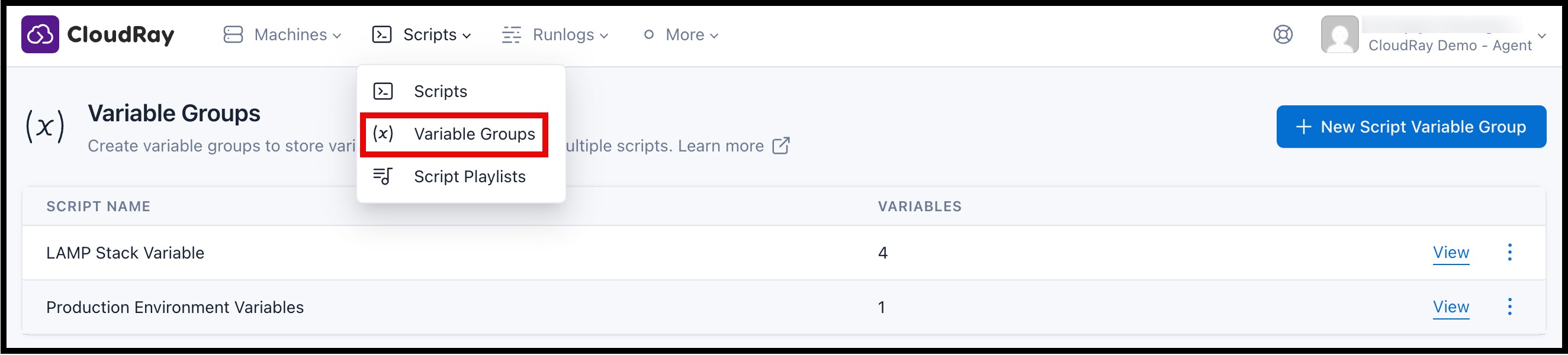 Screenshot of viewing Variables in CloudRay
