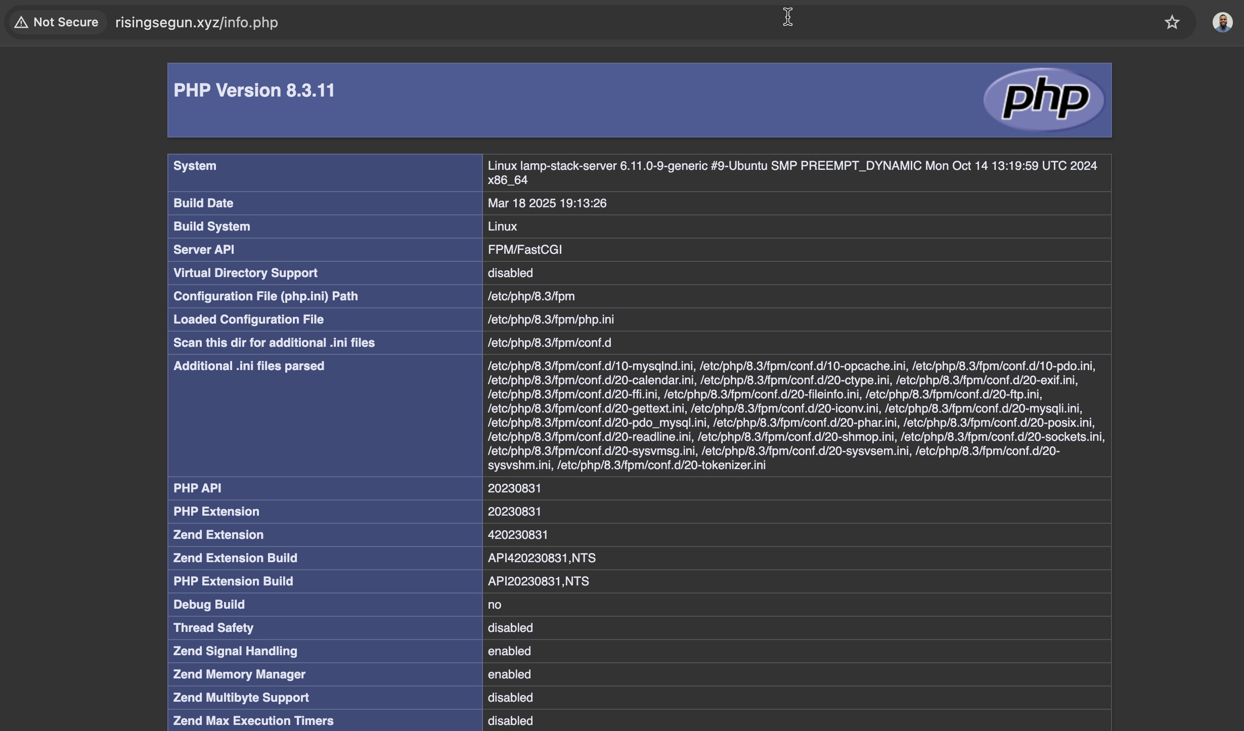 Screenshot of the PHP info page confirming successful LAMP installation