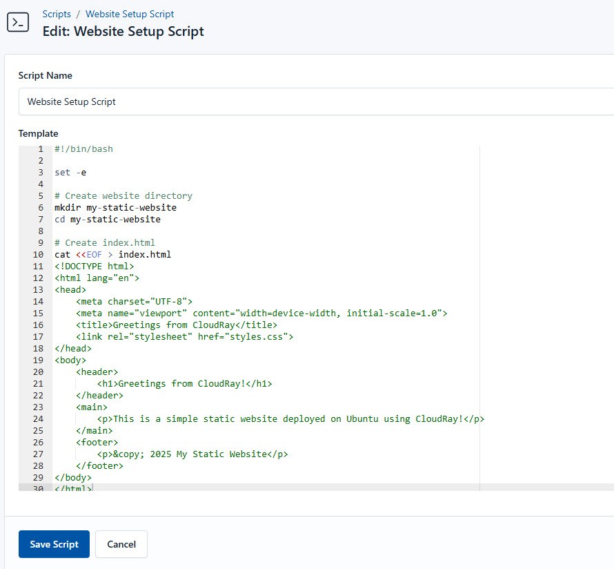 Screenshot of adding a new website setup script